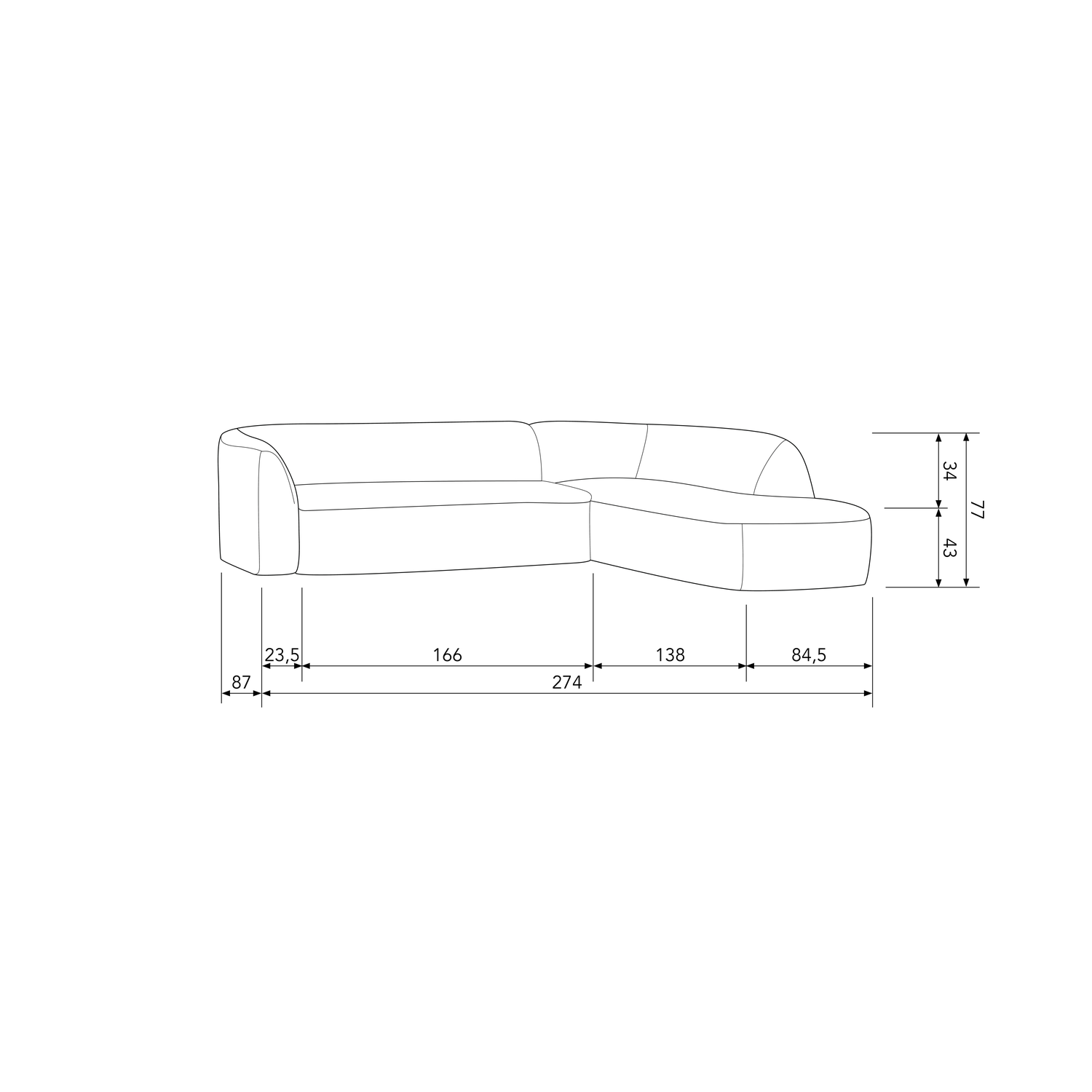 Kampinė sofa SLOPING, dešinė, natūrali