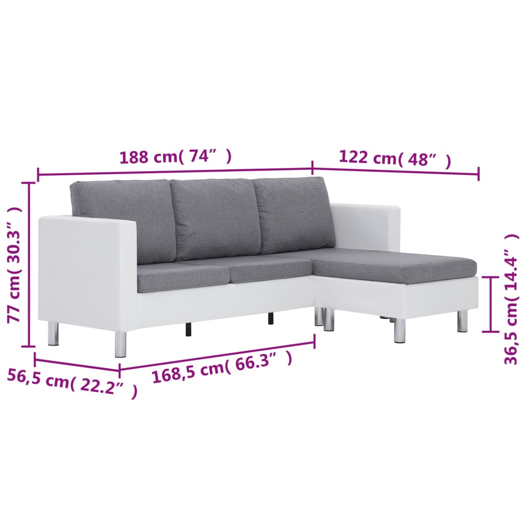 Trivietė sofa su pagalvėlėmis, baltos spalvos, dirbtinė oda