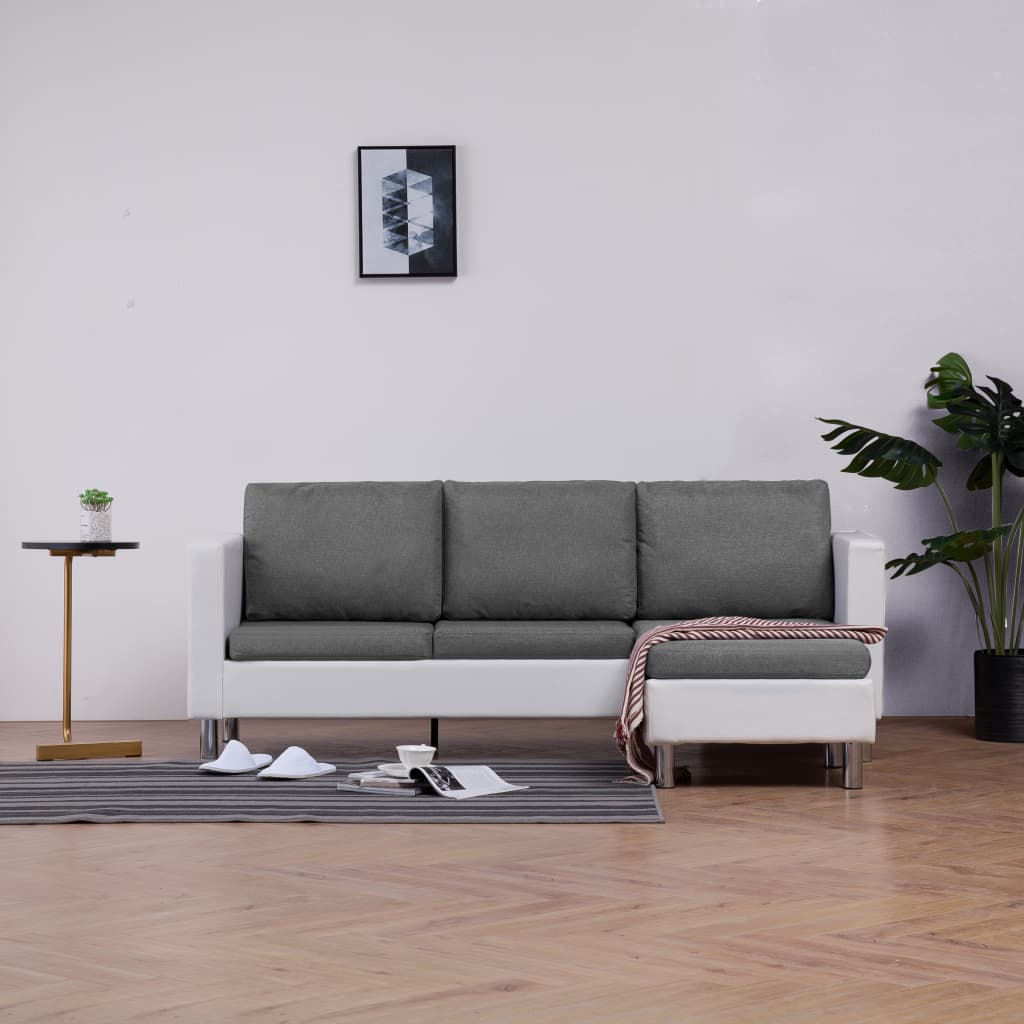 Trivietė sofa su pagalvėlėmis, baltos spalvos, dirbtinė oda