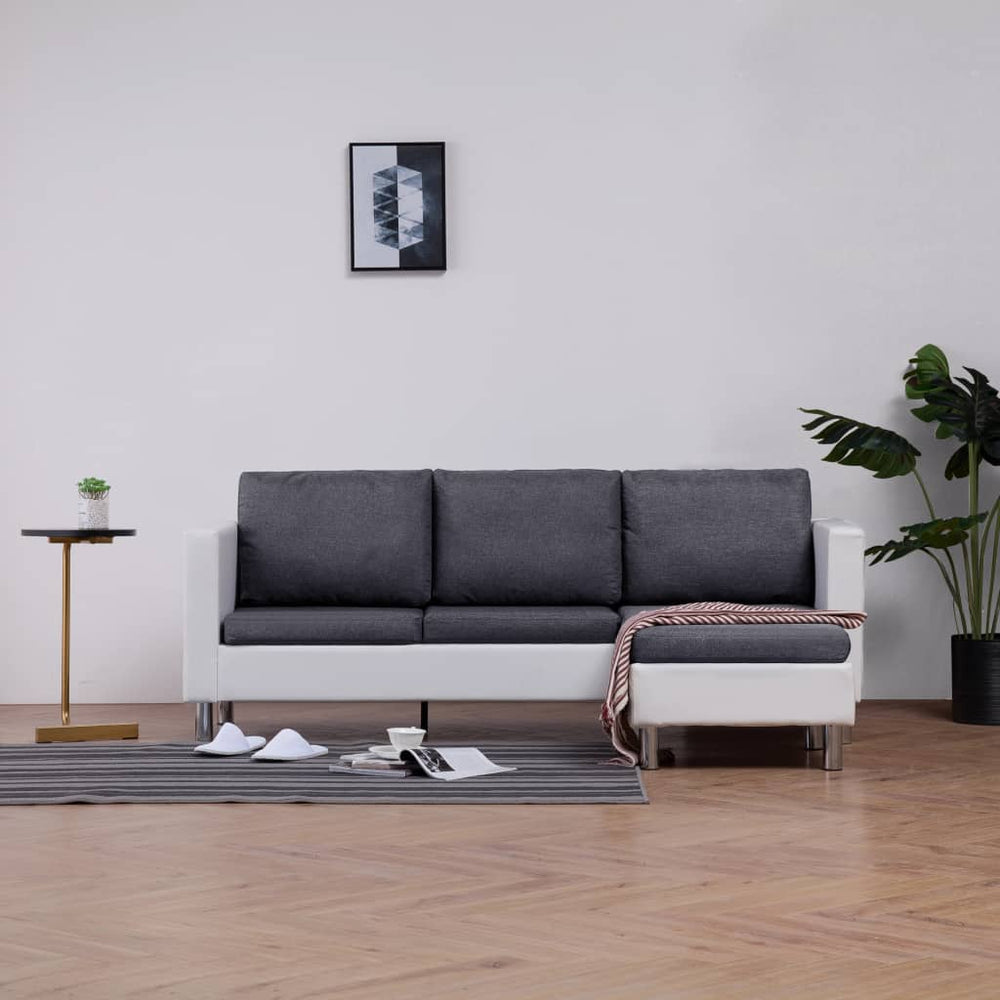 Trivietė sofa su pagalvėlėmis, baltos spalvos, dirbtinė oda