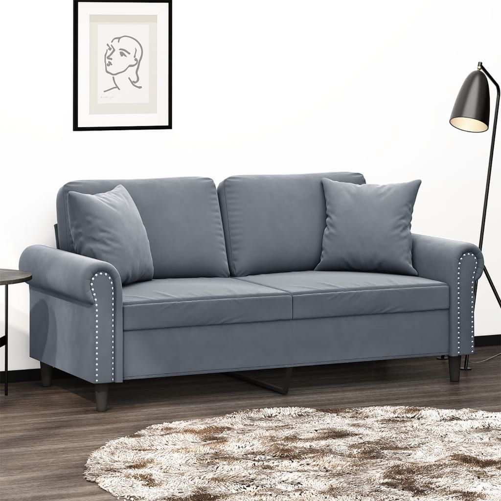 Dvivietė sofa su pagalvėlėmis, tamsiai pilka, 140cm, aksomas