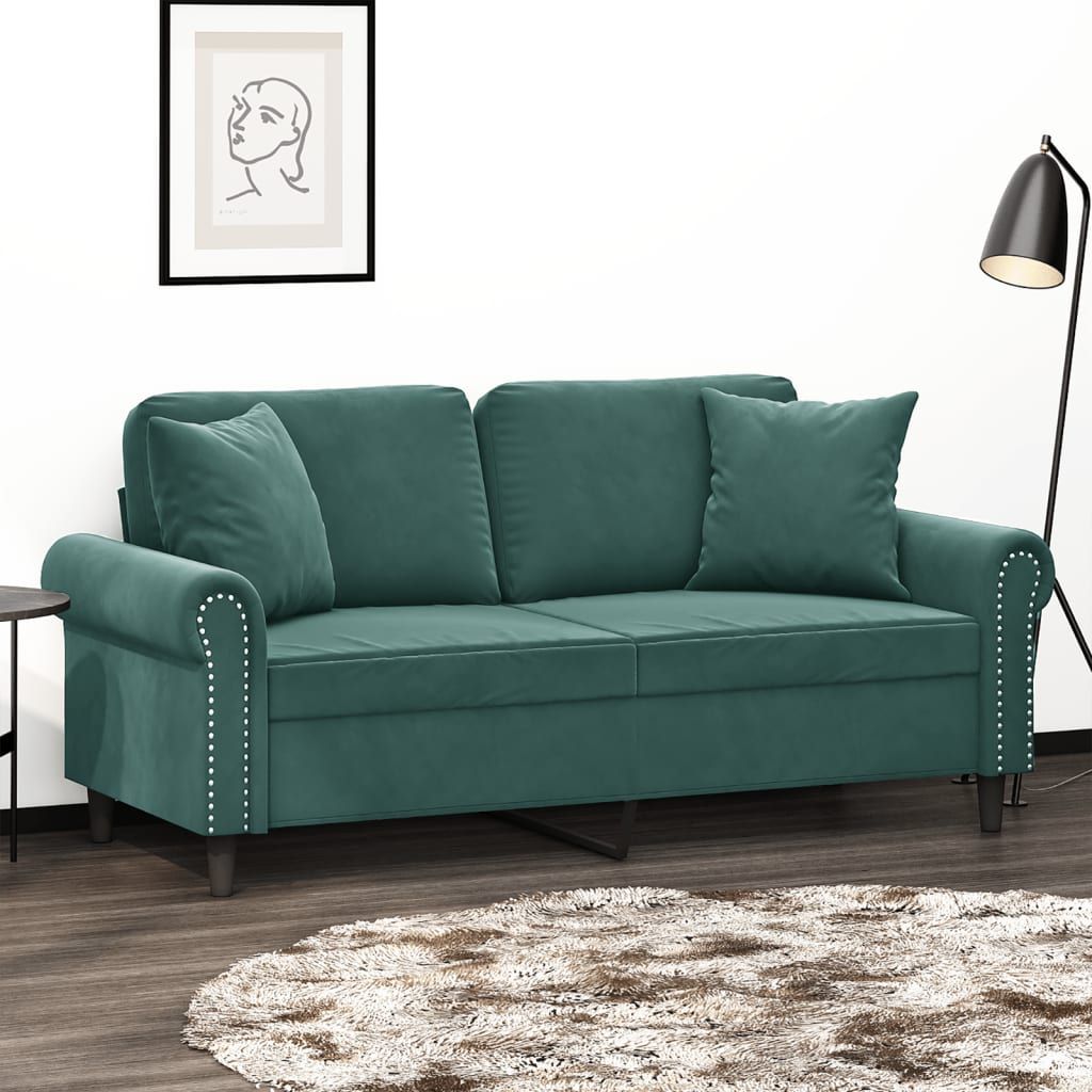 Dvivietė sofa su pagalvėlėmis, tamsiai žalia, 140cm, aksomas