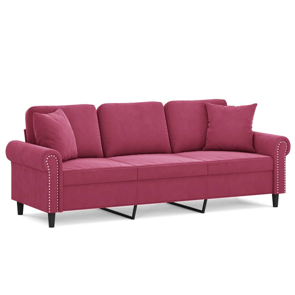 Trivietė sofa su pagalvėlėmis, raudonojo vyno, 180cm, aksomas