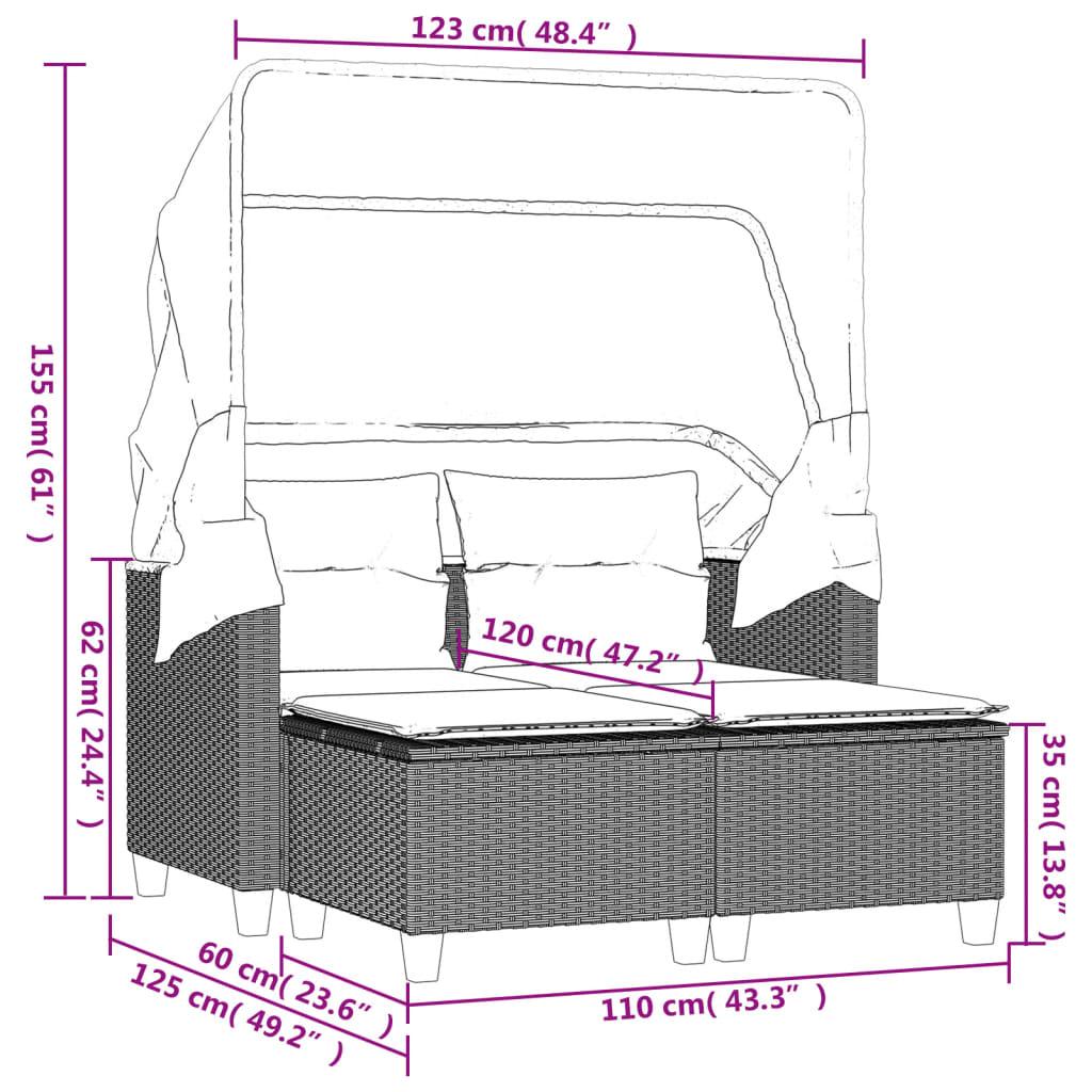 Dvivietė sodo sofa su skliautu/taburetėmis, juoda, poliratanas