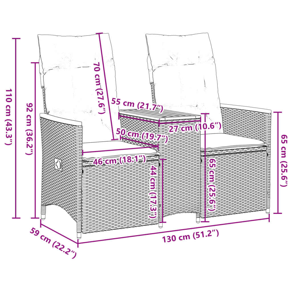 Atlošiama dvivietė sodo sofa su staliuku, juoda, poliratanas