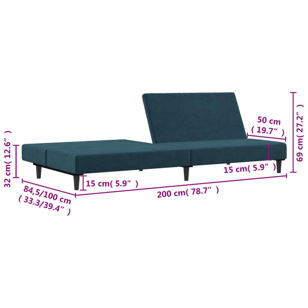 Dvivietė sofa-lova, mėlynos spalvos, aksomas