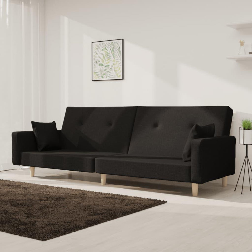 Dvivietė sofa-lova su dvejomis pagalvėmis, juoda, audinys