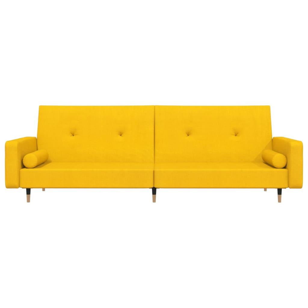 Dvivietė sofa-lova su dvejomis pagalvėmis, geltona, aksomas