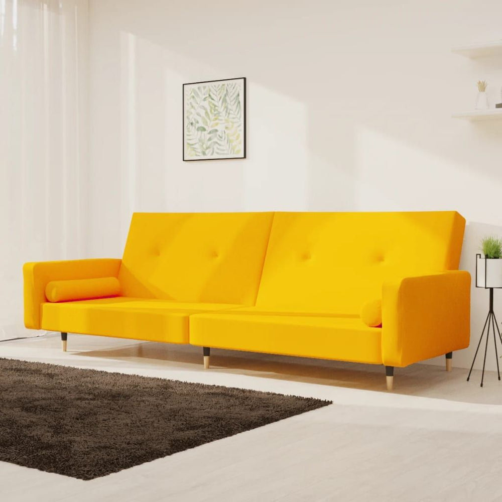 Dvivietė sofa-lova su dvejomis pagalvėmis, geltona, aksomas