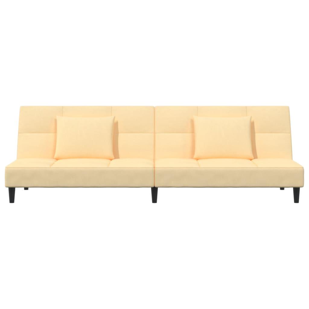 Dvivietė sofa-lova su dvejomis pagalvėmis, kreminė, aksomas