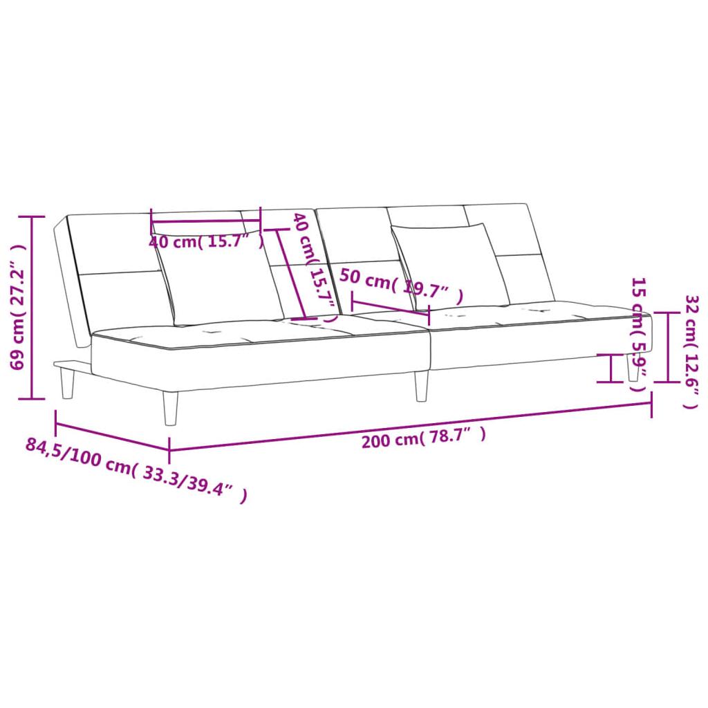 Dvivietė sofa-lova su dvejomis pagalvėmis, kreminė, aksomas