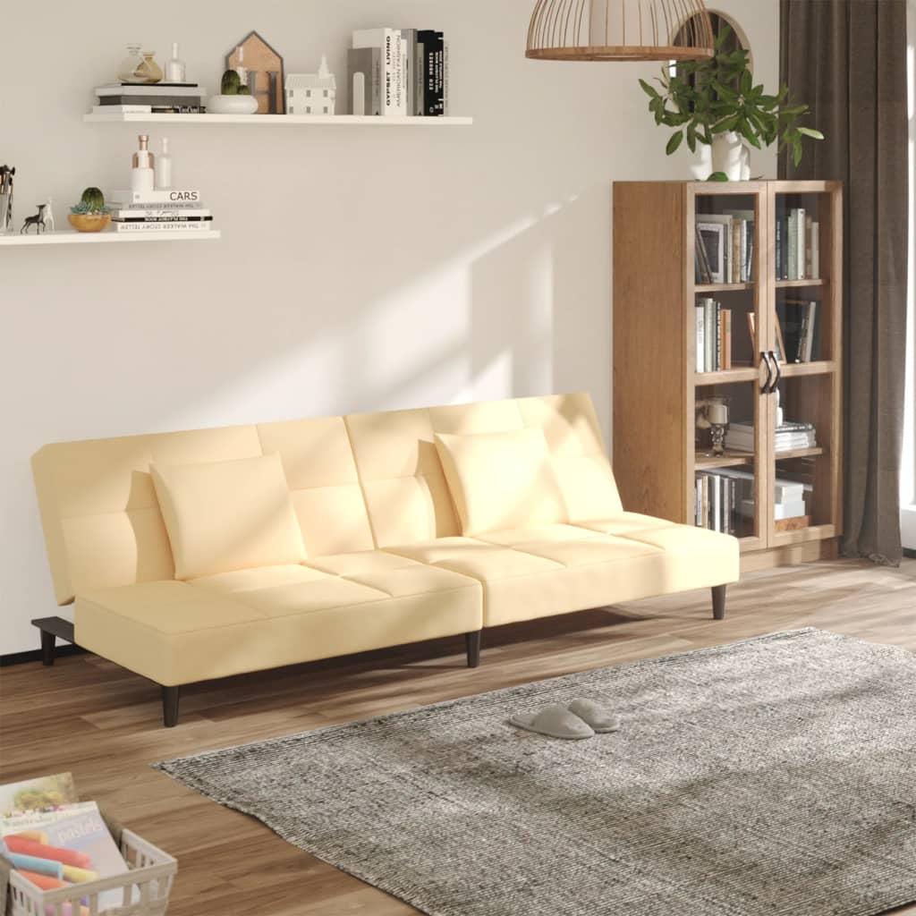 Dvivietė sofa-lova su dvejomis pagalvėmis, kreminė, aksomas