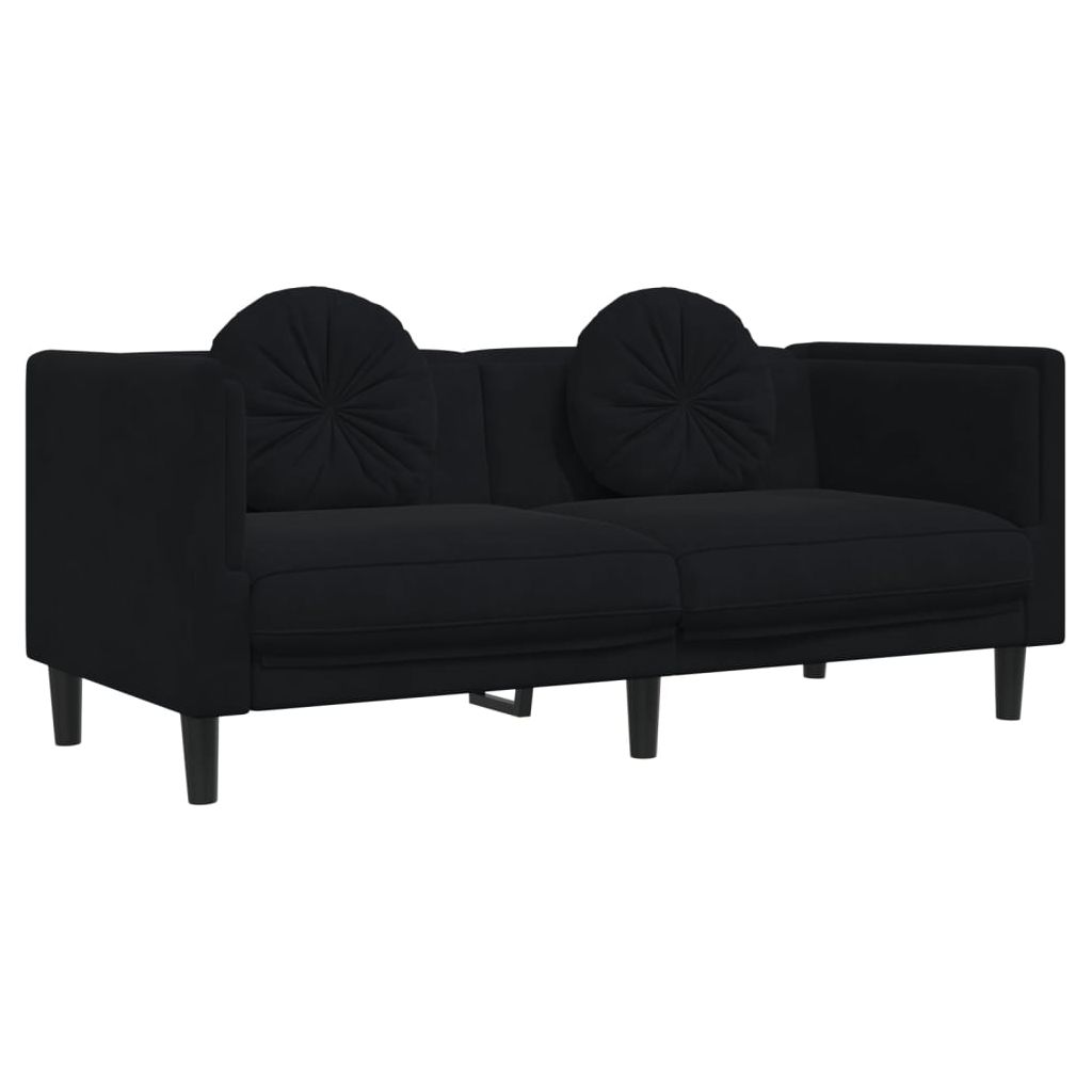 Dvivietė sofa su pagalvėlėmis, juodos spalvos, aksomas