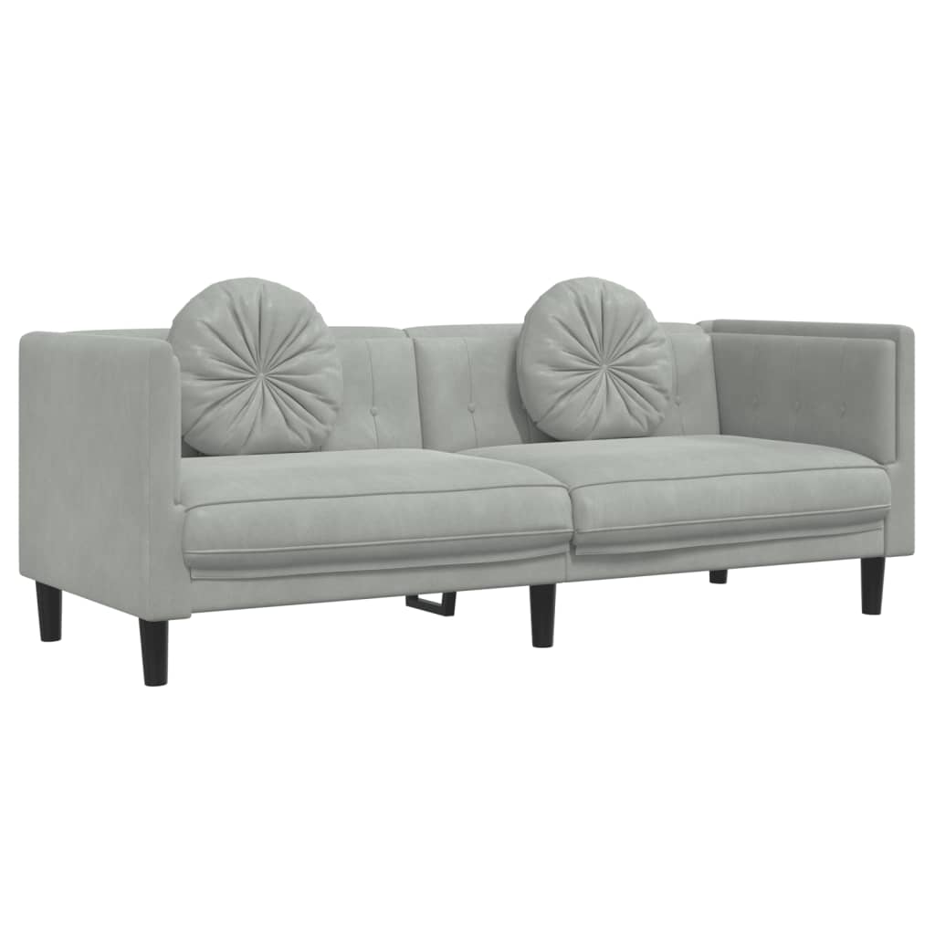 Trivietė sofa su pagalvėlėmis, šviesiai pilkos spalvos, aksomas