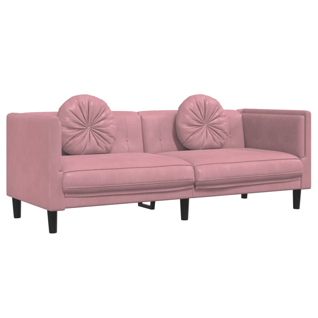 Trivietė sofa su pagalvėlėmis, rožinės spalvos, aksomas