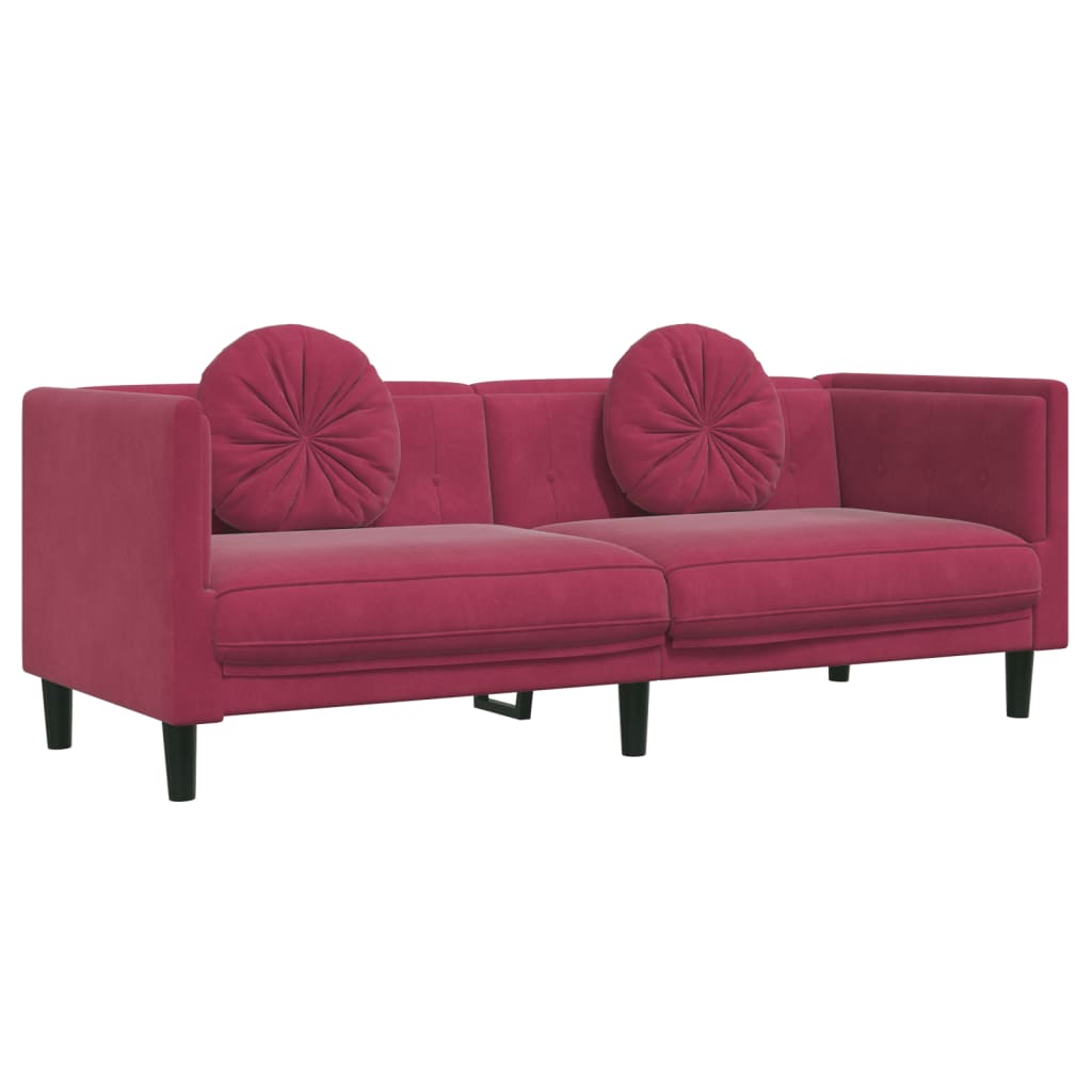 Trivietė sofa su pagalvėlėmis, vyno raudonos spalvos, aksomas