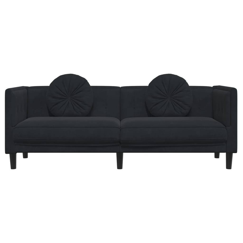 Trivietė sofa su pagalvėlėmis, juodos spalvos, aksomas