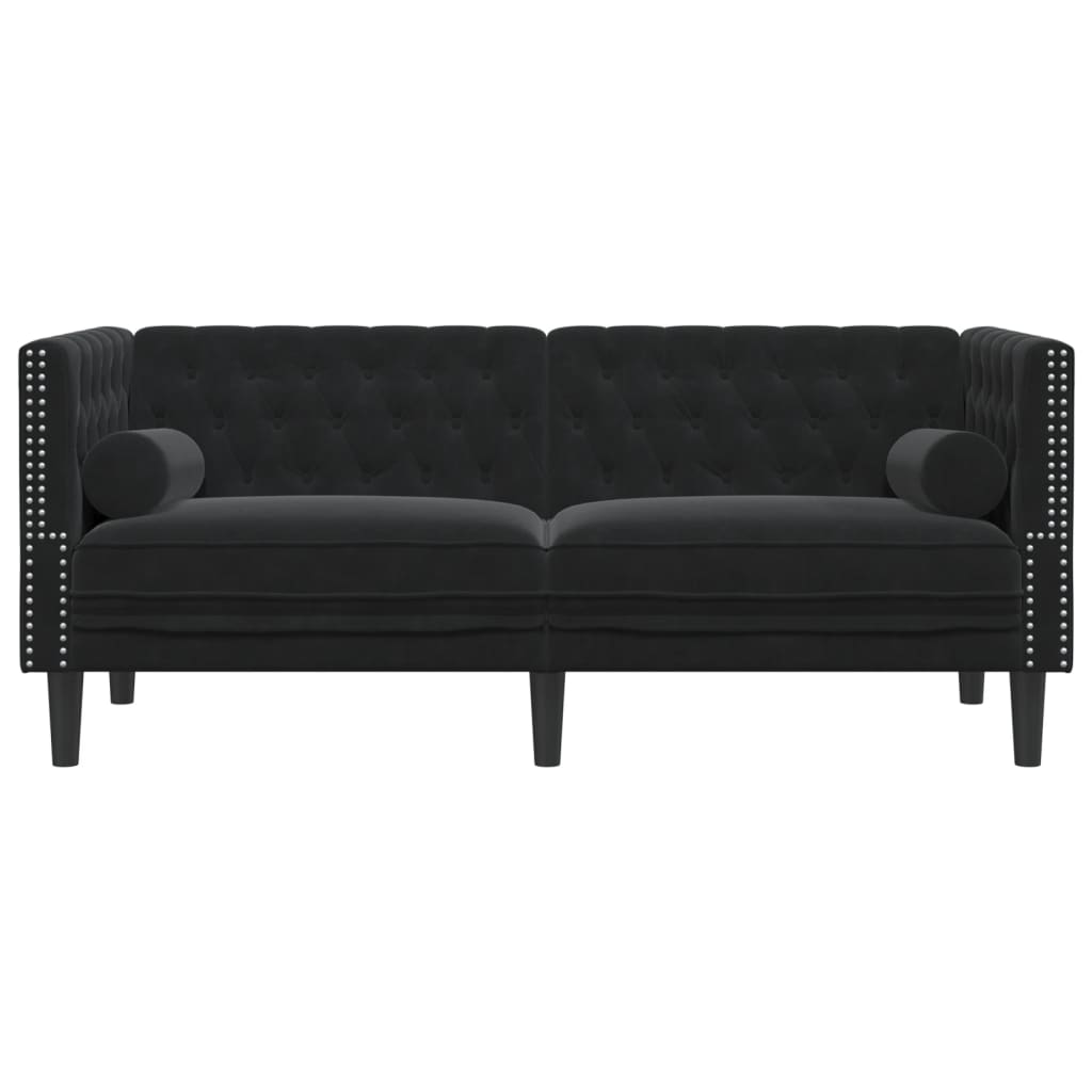 Dvivietė chesterfield sofa su pagalvėlėmis, juoda, aksomas