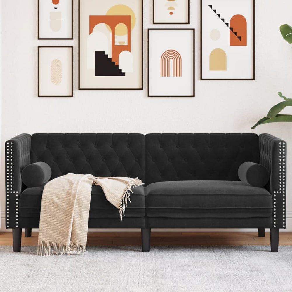 Dvivietė chesterfield sofa su pagalvėlėmis, juoda, aksomas