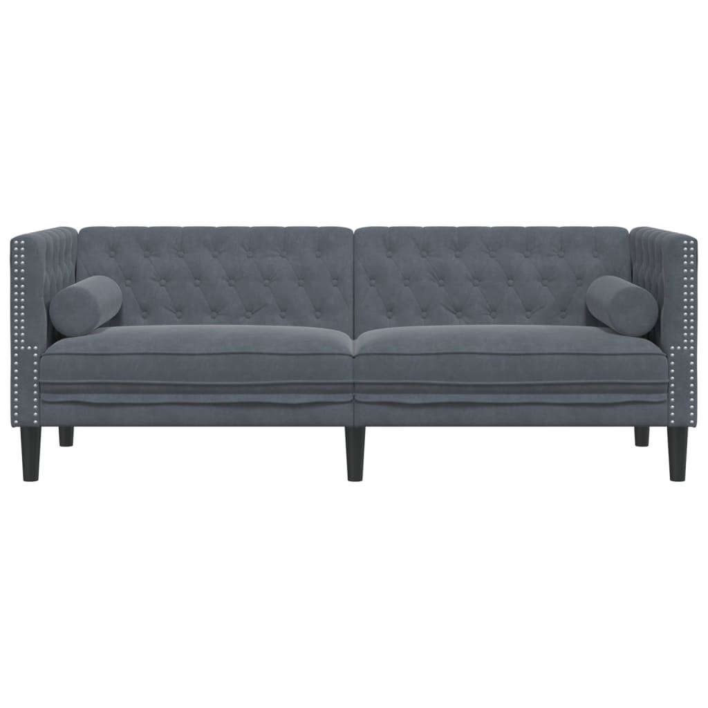 Trivietė chesterfield sofa su pagalvėlėmis, pilka, aksomas