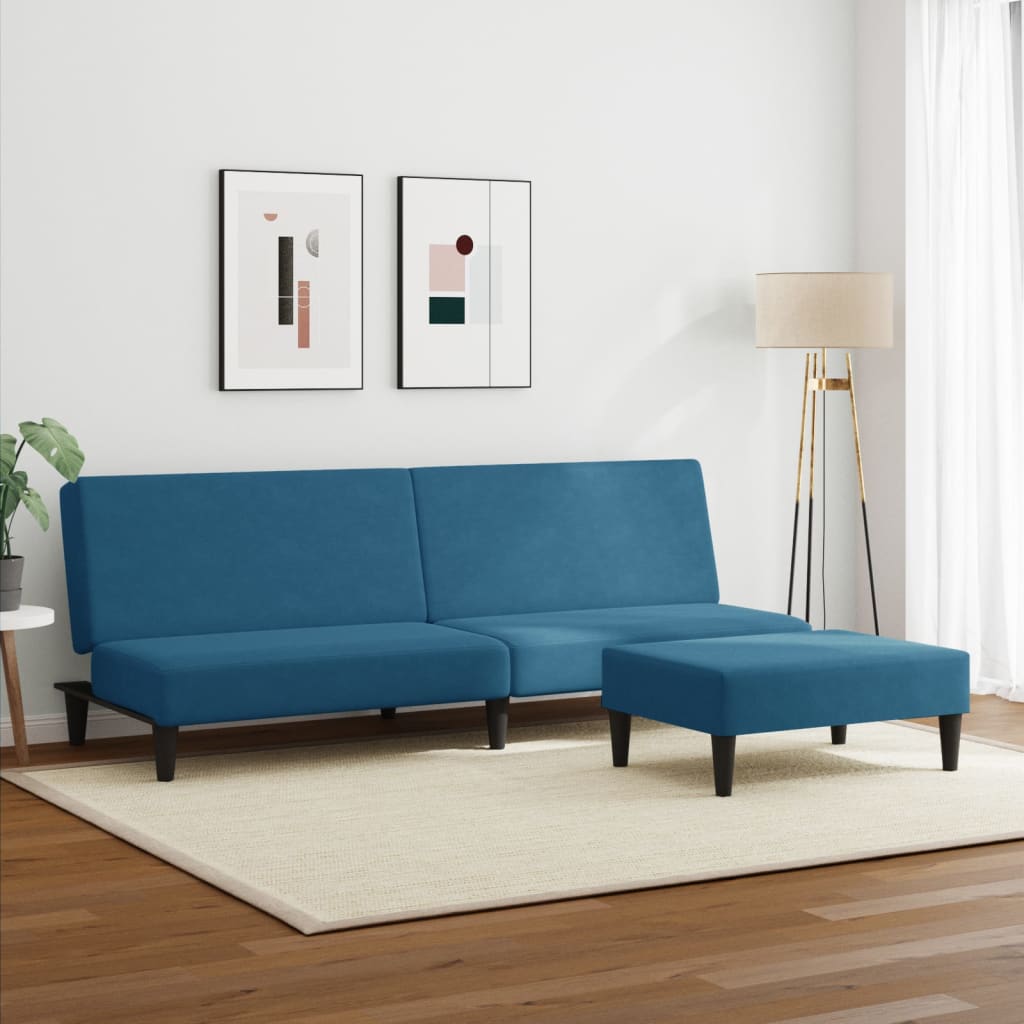 Dvivietė sofa-lova su pakoja, mėlynos spalvos, aksomas