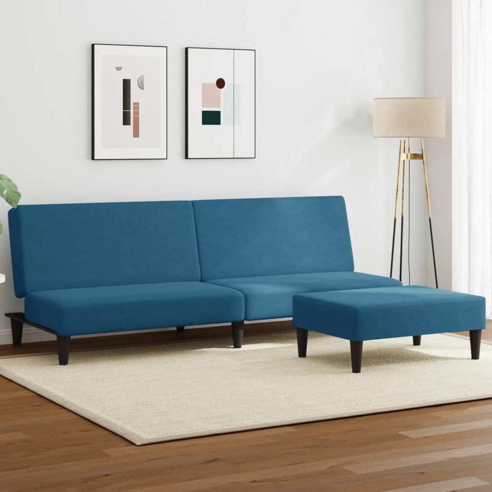 Dvivietė sofa-lova su pakoja, mėlynos spalvos, aksomas