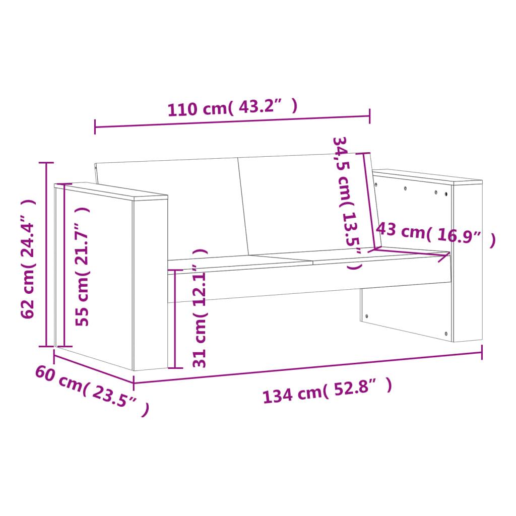 Dvivietė sodo sofa, 134x60x62cm, pušies medienos masyvas