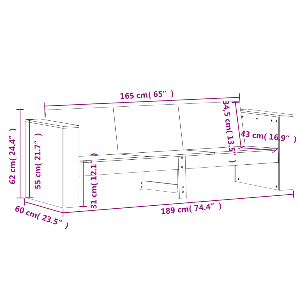 Trivietė sodo sofa, balta, 189x60x62cm, pušies medienos masyvas