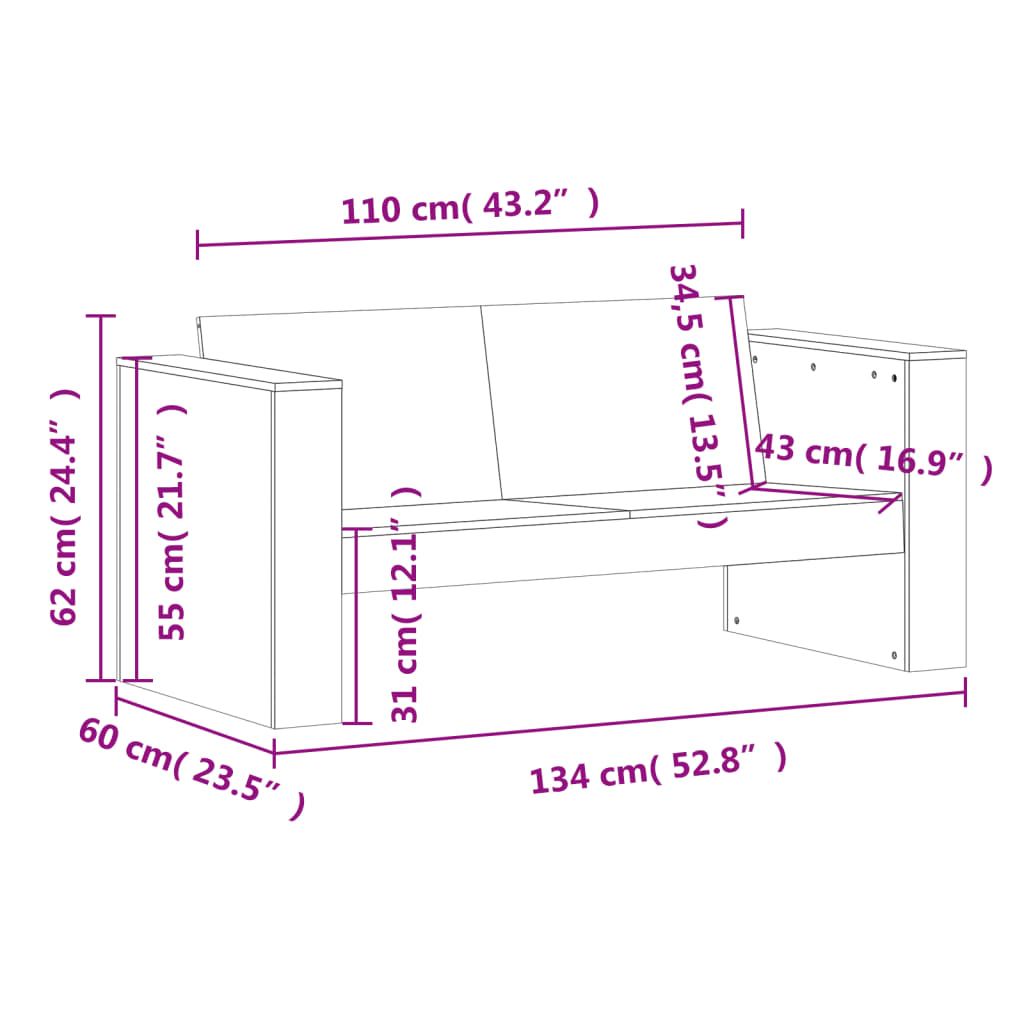 Dvivietė sodo sofa, 134x60x62cm, impregnuota pušies mediena