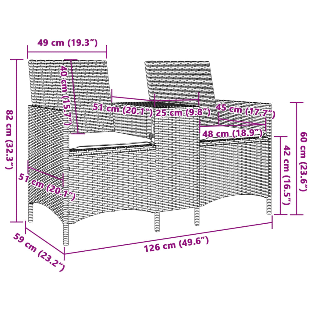 Dvivietė sodo sofa su staliuku ir pagalvėlėmis, smėlio spalvos