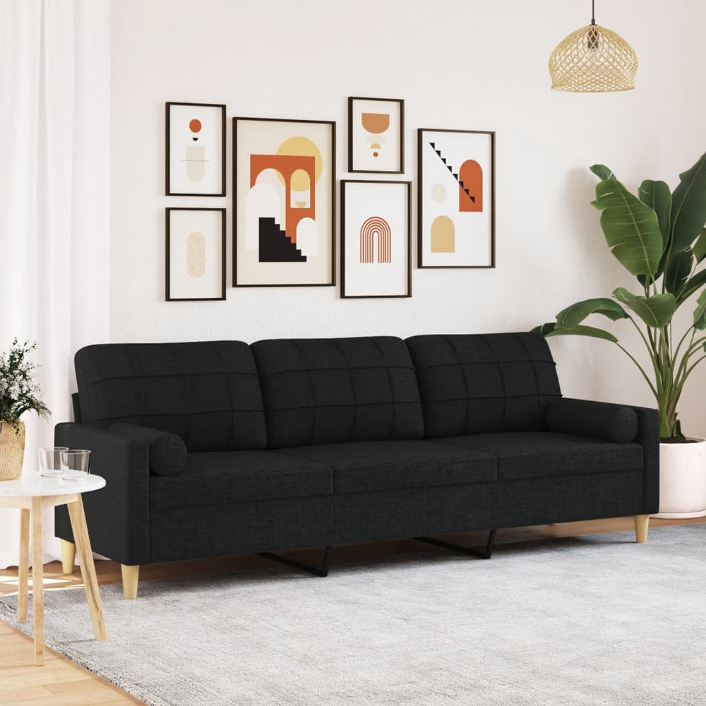 Trivietė sofa su pagalvėlėmis, juodos spalvos, 210cm, audinys