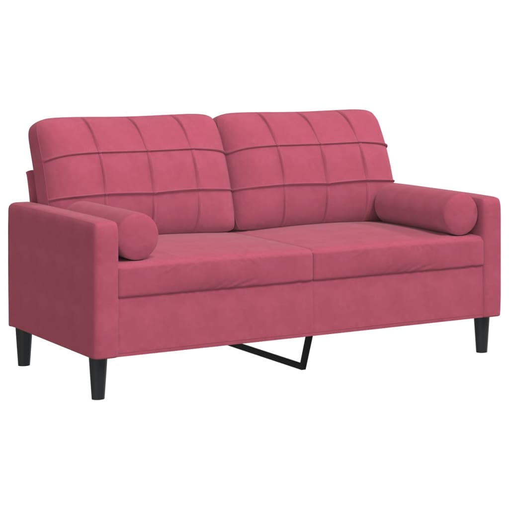 Dvivietė sofa su pagalvėlėmis, raudonojo vyno, 140cm, aksomas