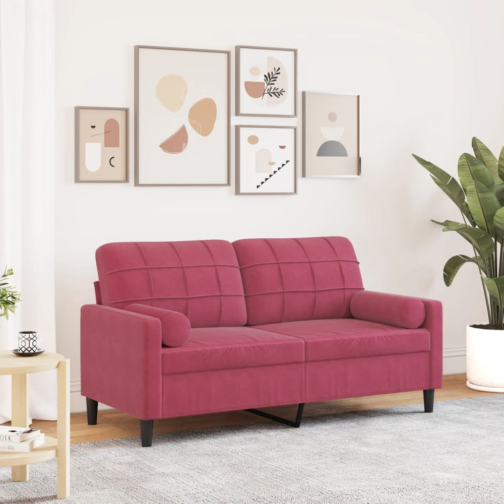 Dvivietė sofa su pagalvėlėmis, raudonojo vyno, 140cm, aksomas