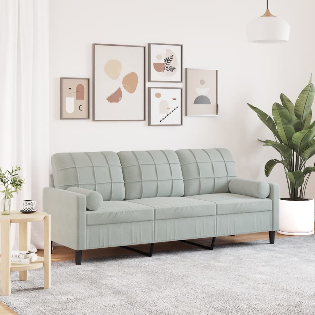 Trivietė sofa su pagalvėlėmis, šviesiai pilka, 180cm, aksomas