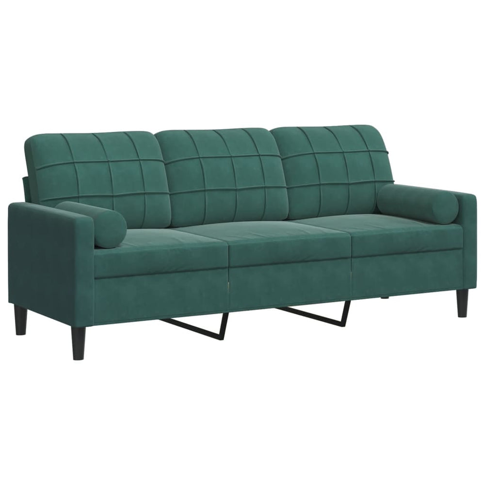 Trivietė sofa su pagalvėlėmis, tamsiai žalia, 180cm, aksomas