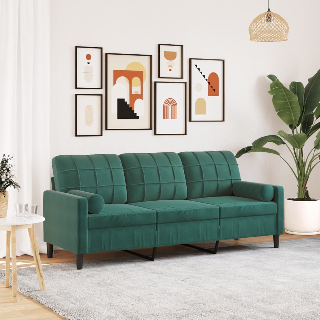 Trivietė sofa su pagalvėlėmis, tamsiai žalia, 180cm, aksomas