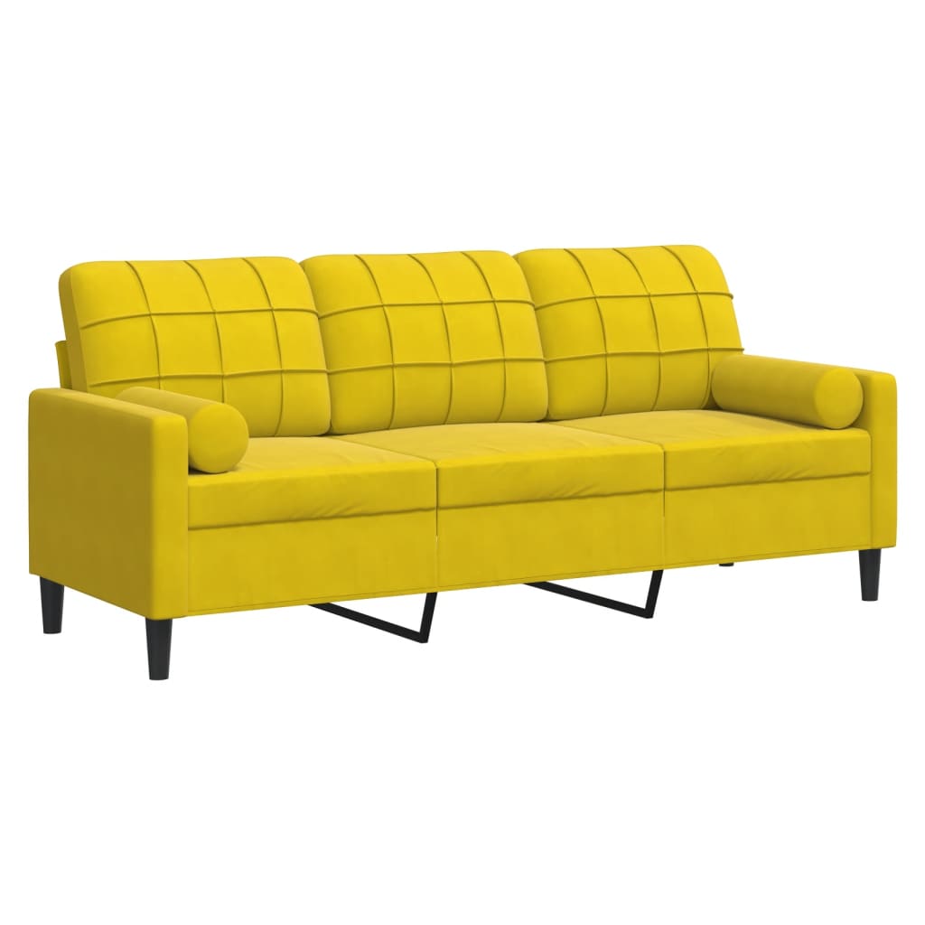 Trivietė sofa su pagalvėlėmis, geltonos spalvos, 180cm, aksomas