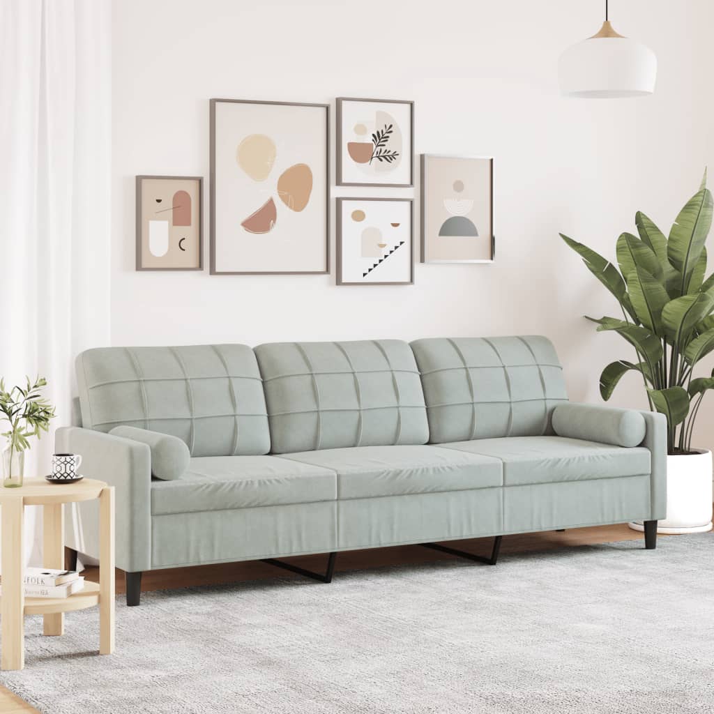 Trivietė sofa su pagalvėlėmis, šviesiai pilka, 210cm, aksomas