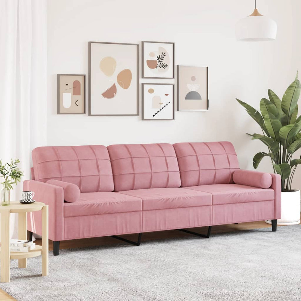 Trivietė sofa su pagalvėlėmis, rožinės spalvos, 210cm, aksomas