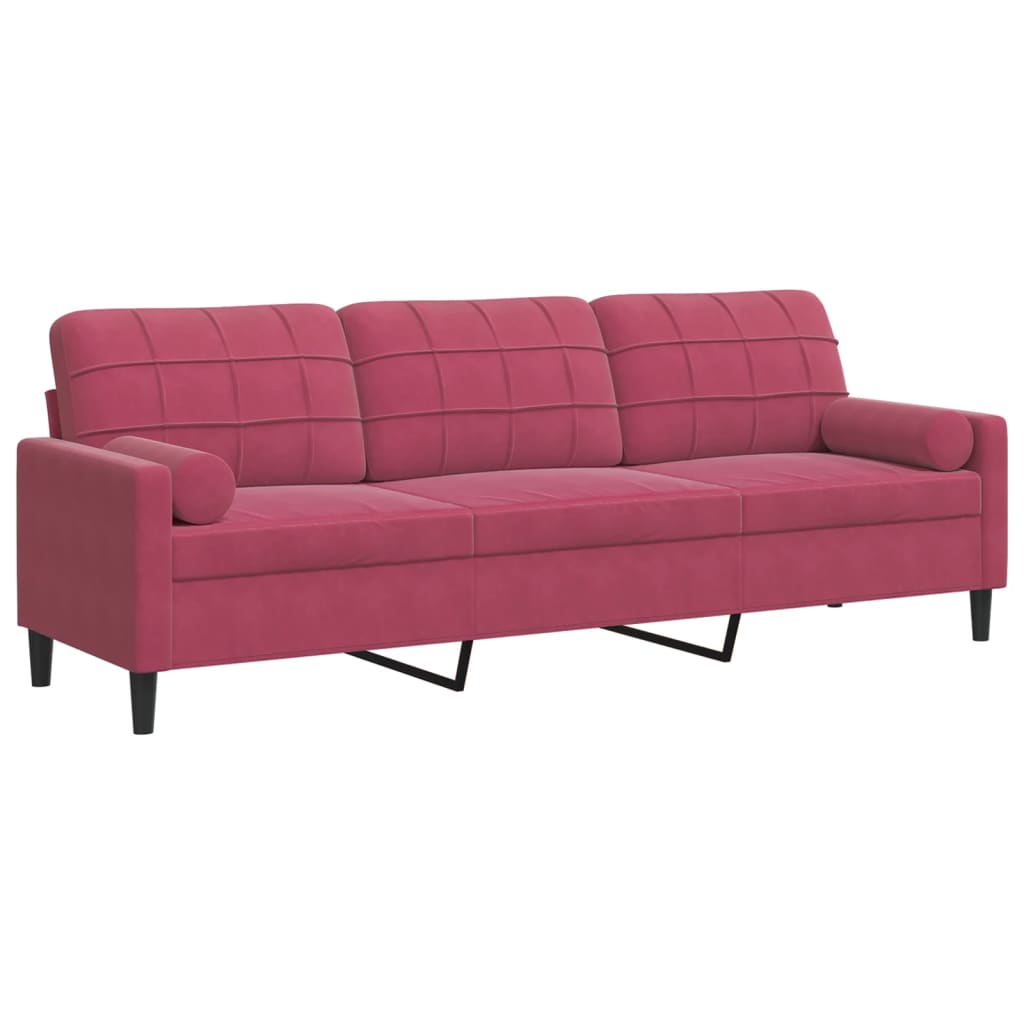 Trivietė sofa su pagalvėlėmis, raudonojo vyno, 210cm, aksomas