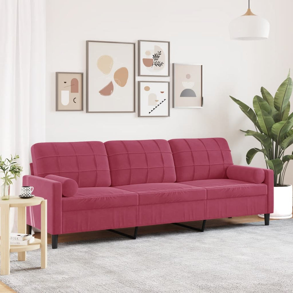 Trivietė sofa su pagalvėlėmis, raudonojo vyno, 210cm, aksomas