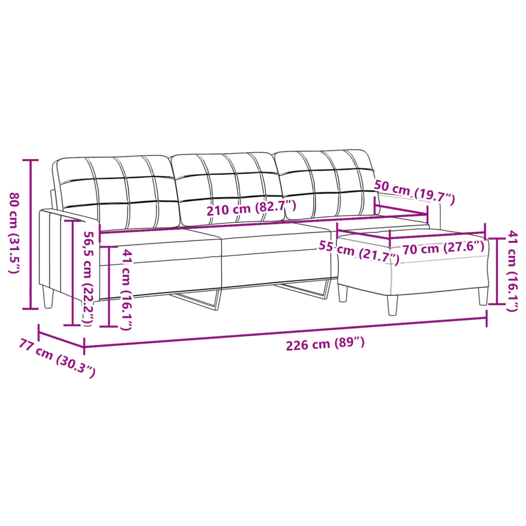 Trivietė sofa su pakoja, juodos spalvos, 210cm, audinys