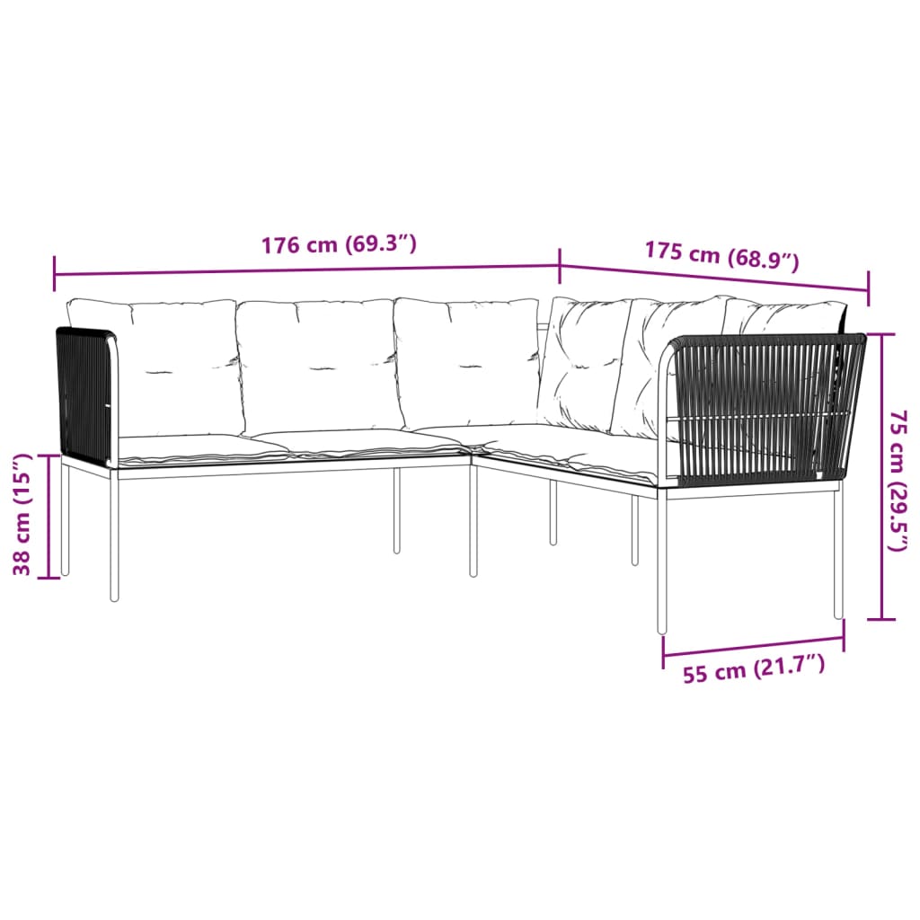 Sodo sofa su pagalvėlėmis, juoda, plienas/tekstilenas