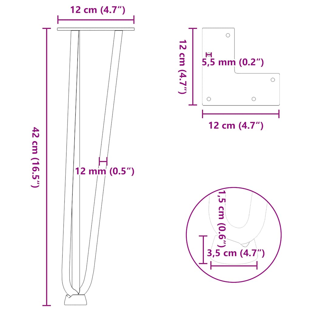 Plaukų segtukas stalo kojelės, 4 vnt., antracito, 42cm, plienas