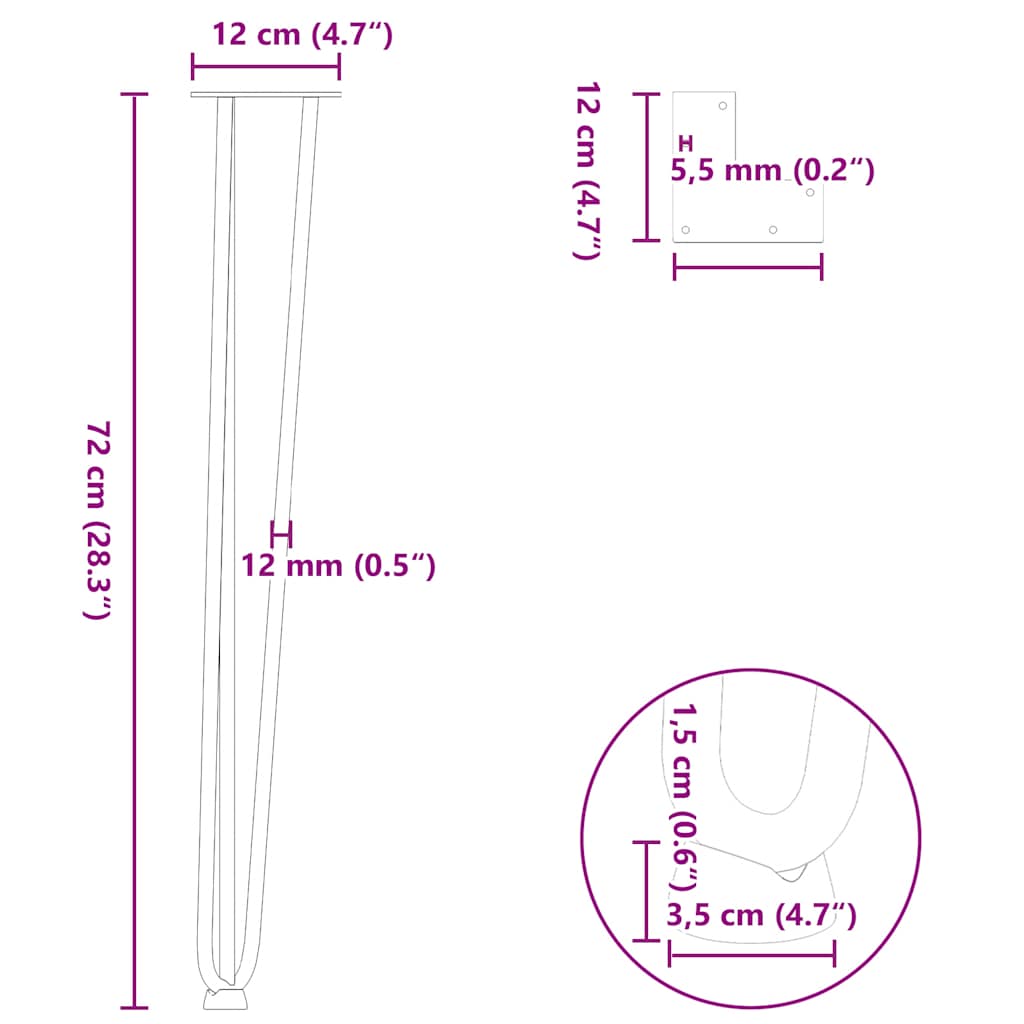 Plaukų segtukas stalo kojelės, 4 vnt., juoda, 72cm, plienas