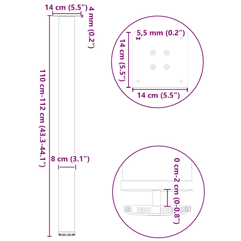 Kavos staliuko kojelės, 4 vnt., juoda, 110-112cm, plienas