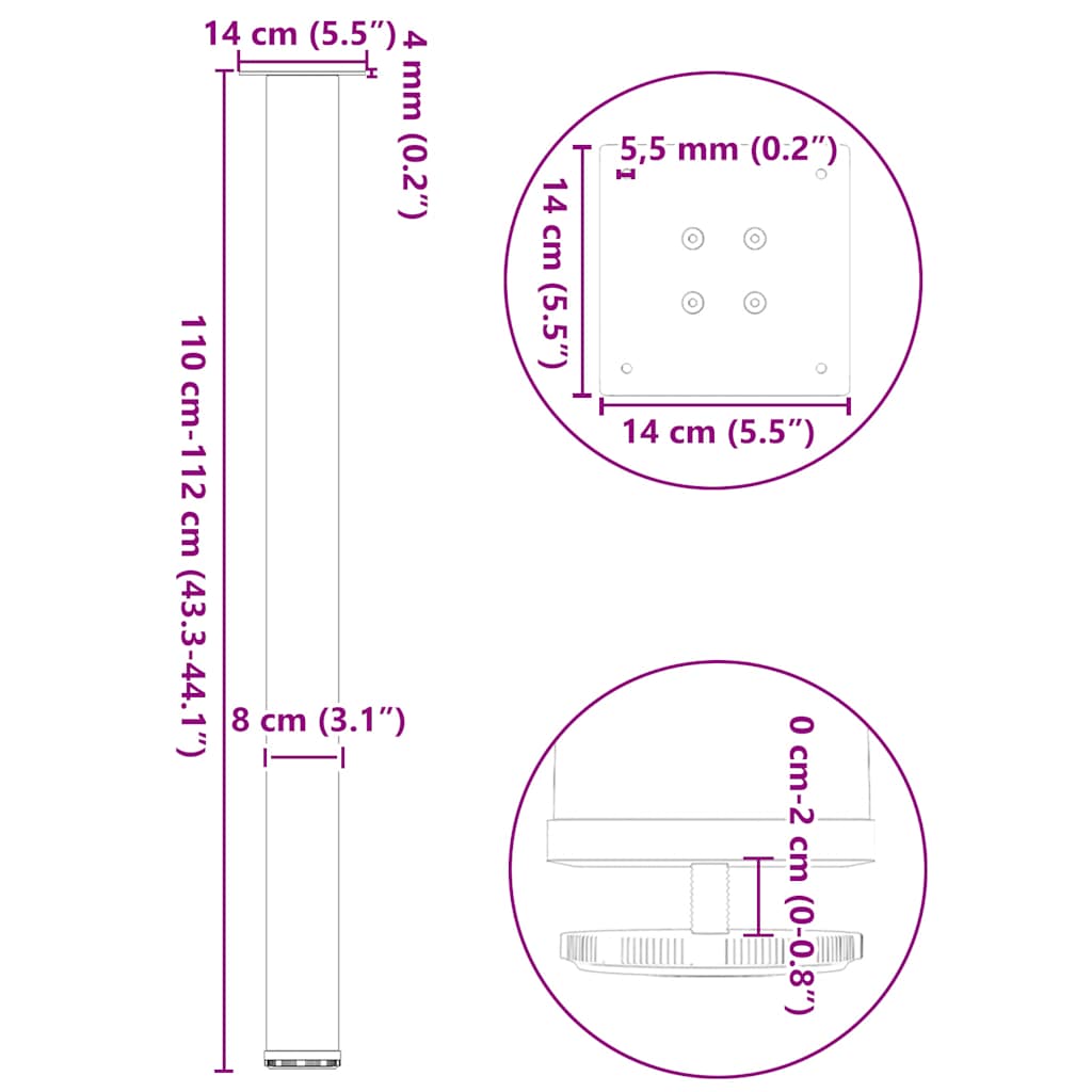 Kavos staliuko kojelės, 4 vnt., balta, 110-112cm, plienas