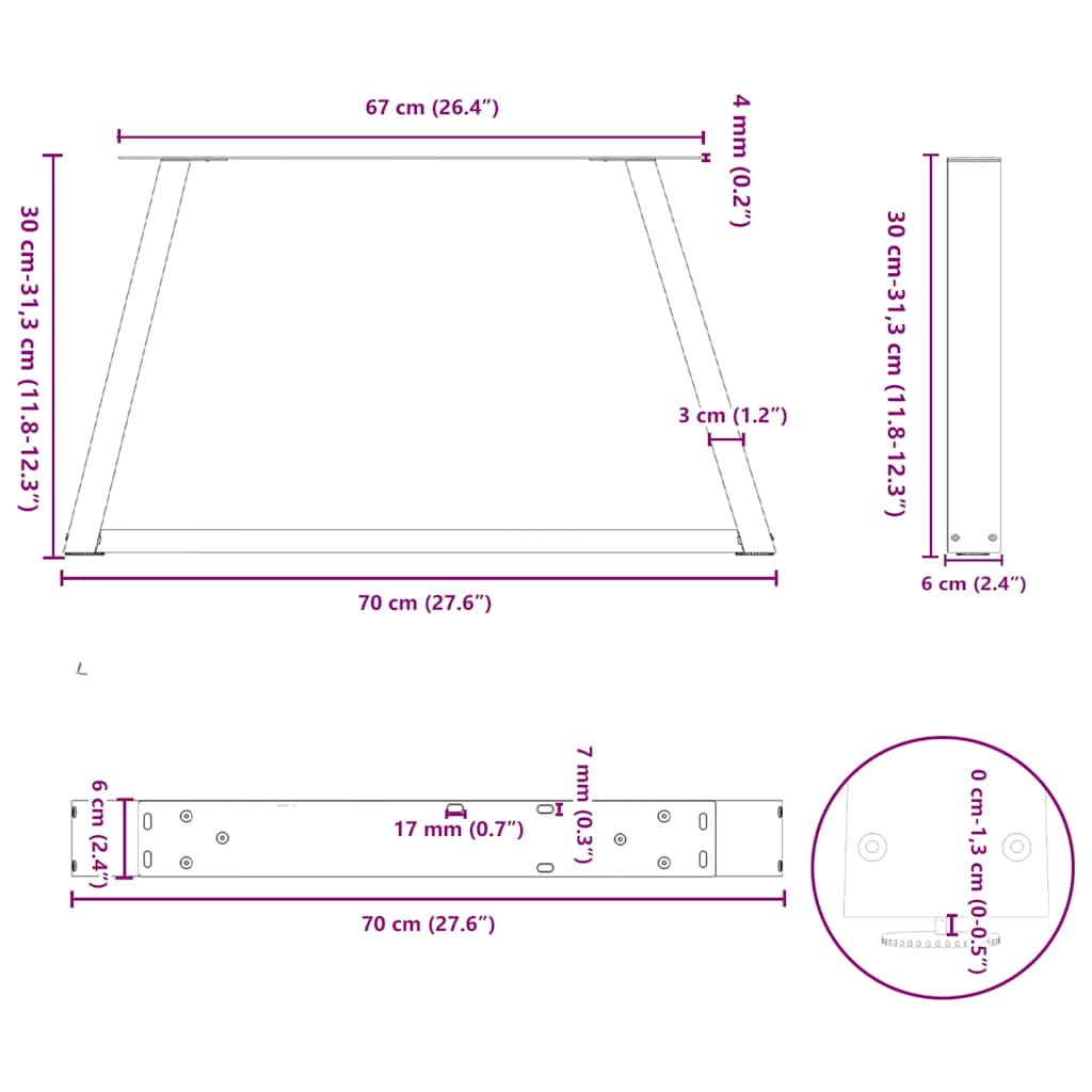 Valgomojo stalo kojos V formos 2 vnt Juoda 70x(30-31,3) cm