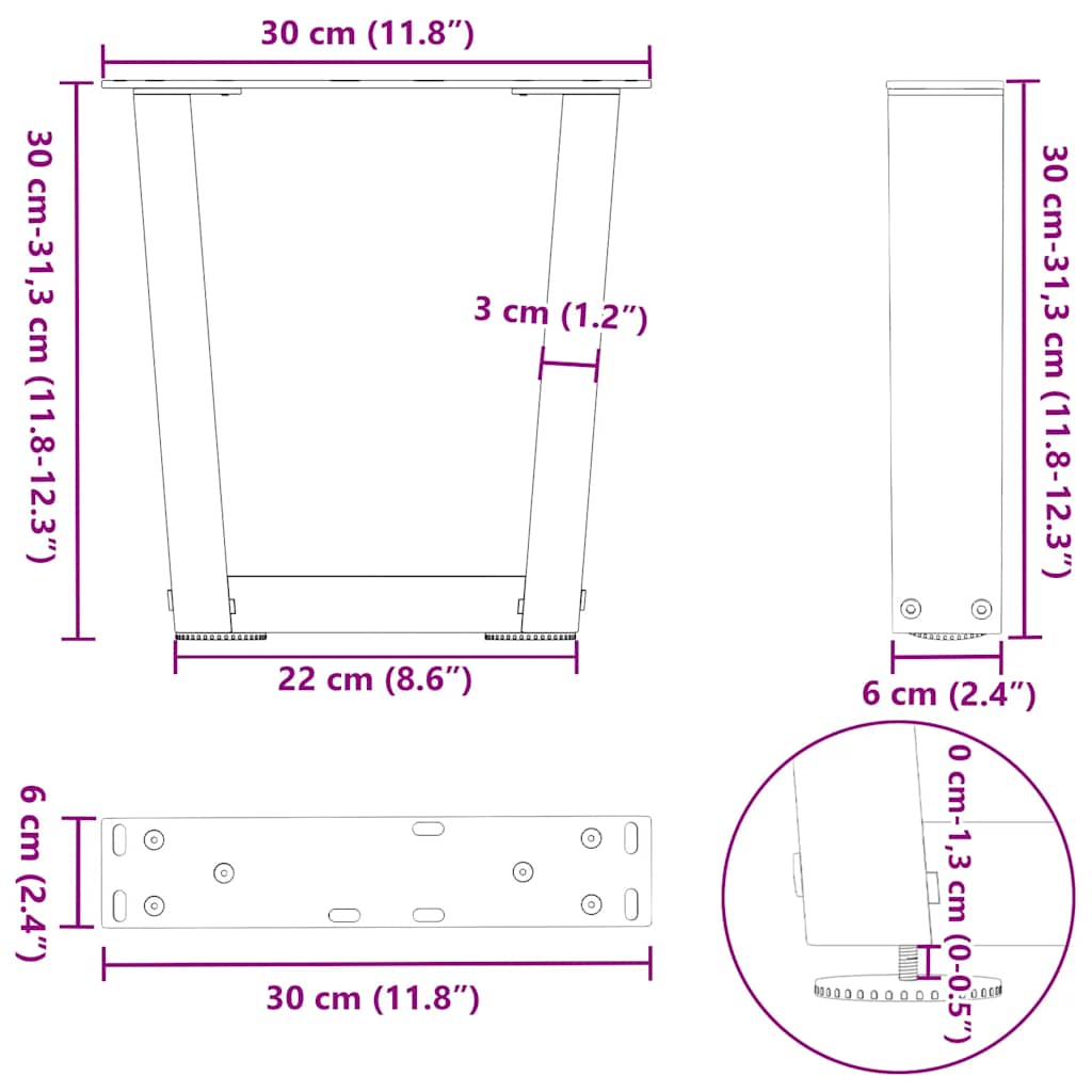 Kavos staliuko kojelės V formos 2 vnt Juoda 30x(30-31,3) cm