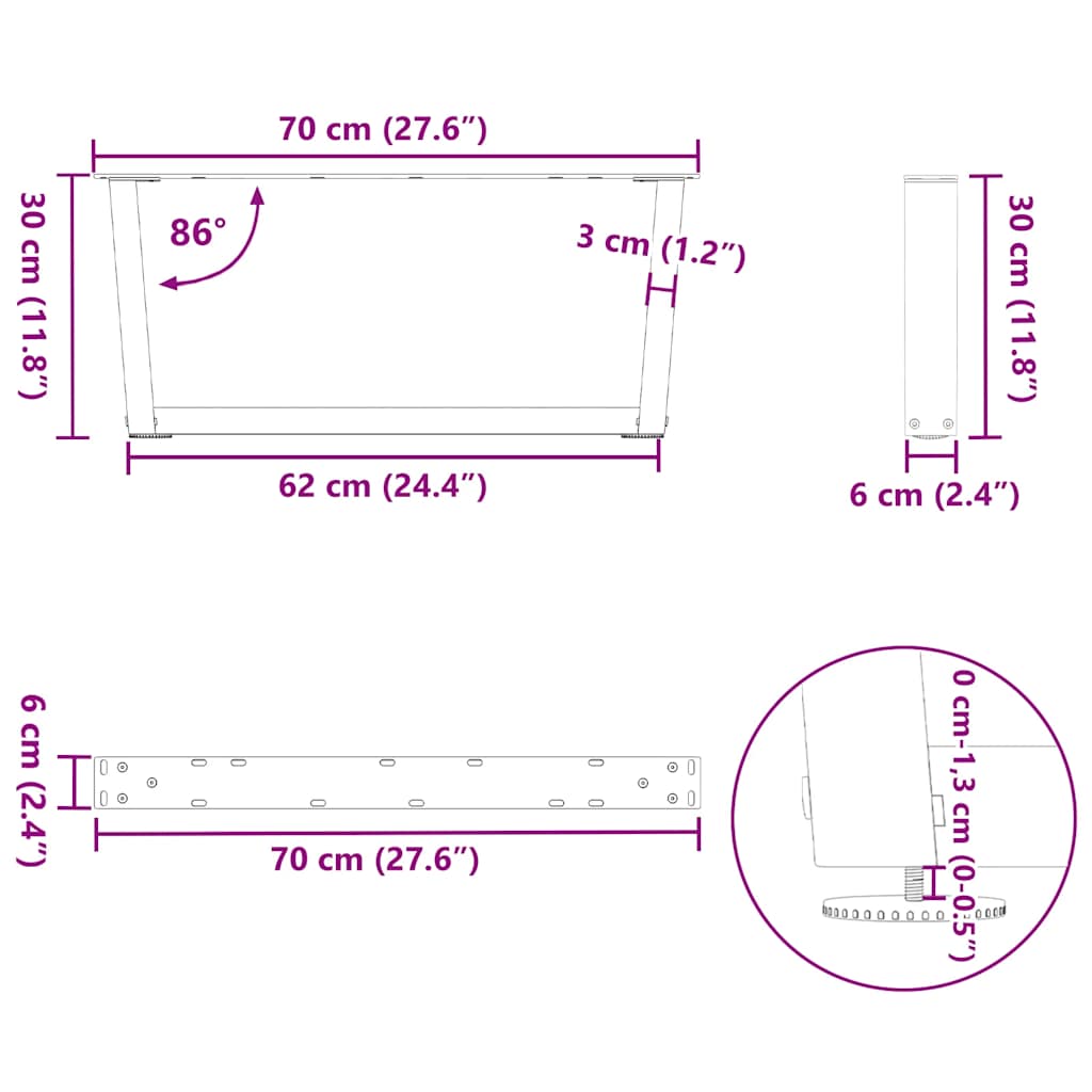 Valgomojo stalo kojos V formos 2 vnt Juoda 70x(30-31,3) cm